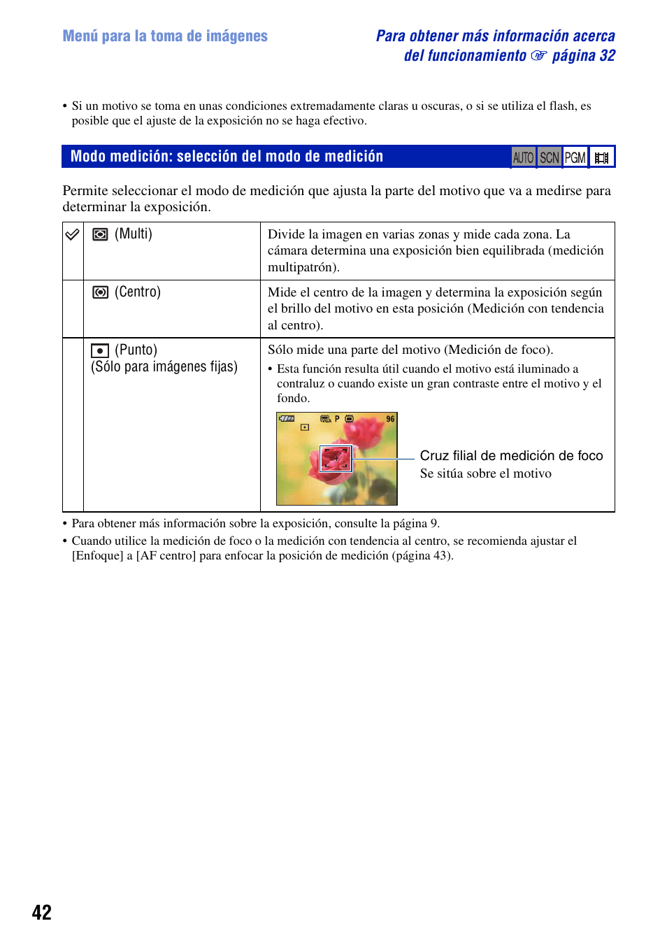 Modo medición: selección del modo de medición | Sony DSC-T100 Manual del usuario | Página 42 / 123