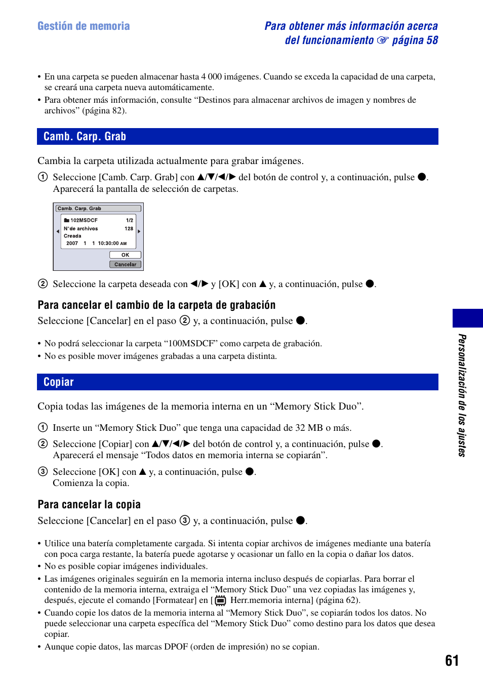 Camb. carp. grab, Copiar, Camb. carp. grab copiar | Sony DSC-T100 Manual del usuario | Página 61 / 123