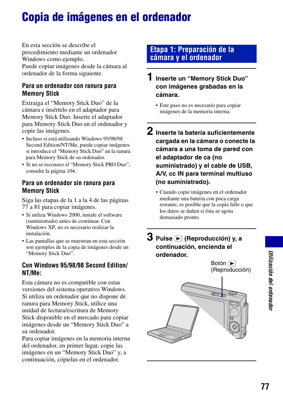 Copia de imágenes en el ordenador, Etapa 1: preparación de la cámara y el ordenador | Sony DSC-T100 Manual del usuario | Página 77 / 123