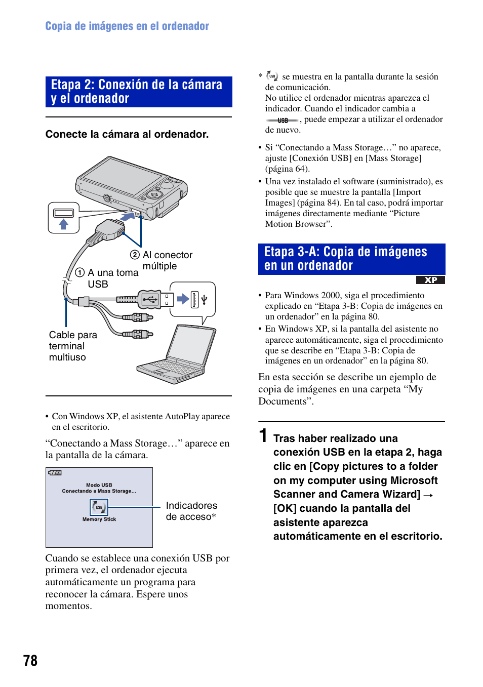 78 y 94), Etapa 2: conexión de la cámara y el ordenador, Etapa 3-a: copia de imágenes en un ordenador | Sony DSC-T100 Manual del usuario | Página 78 / 123