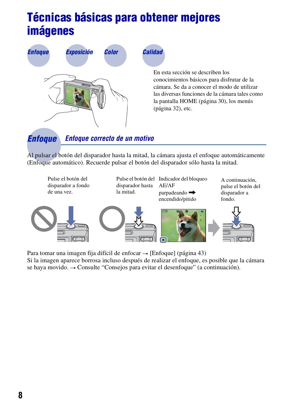 Técnicas básicas para obtener mejores imágenes, Enfoque, Enfoque – enfoque correcto de un motivo | Sony DSC-T100 Manual del usuario | Página 8 / 123