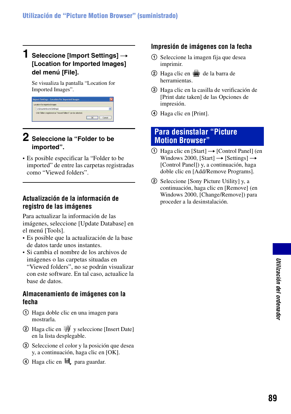 Para desinstalar “picture motion browser | Sony DSC-T100 Manual del usuario | Página 89 / 123