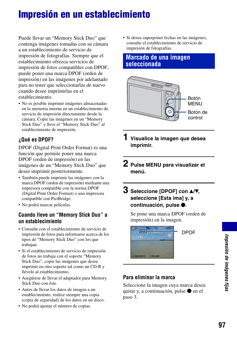 Impresión en un establecimiento, Marcado de una imagen seleccionada | Sony DSC-T100 Manual del usuario | Página 97 / 123