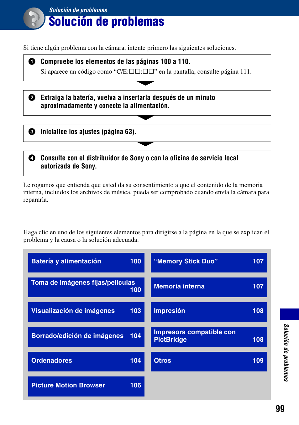 Solución de problemas | Sony DSC-T100 Manual del usuario | Página 99 / 123