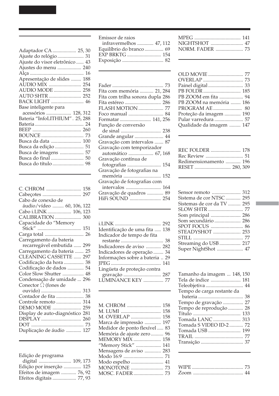 Índice, A, b, C, d | F, g, h, I, j, k, l, M, n, O, p, q, T, u, v, W, x, y, z | Sony DCR-TRV19 Manual del usuario | Página 319 / 320