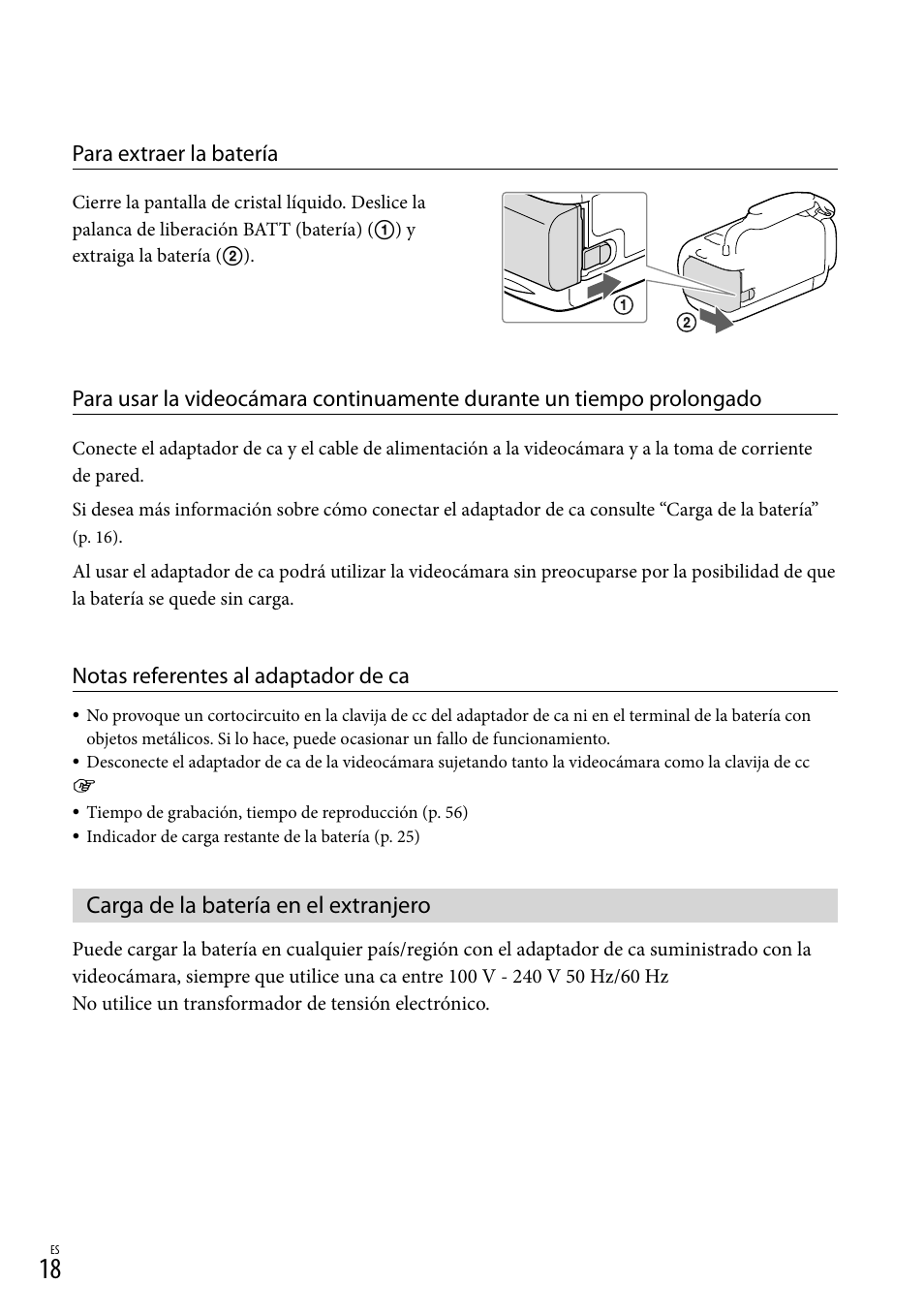 Carga de la batería en el extranjero, Нa) (18), Para extraer la batería | Notas referentes al adaptador de ca | Sony HDR-CX430V Manual del usuario | Página 18 / 76