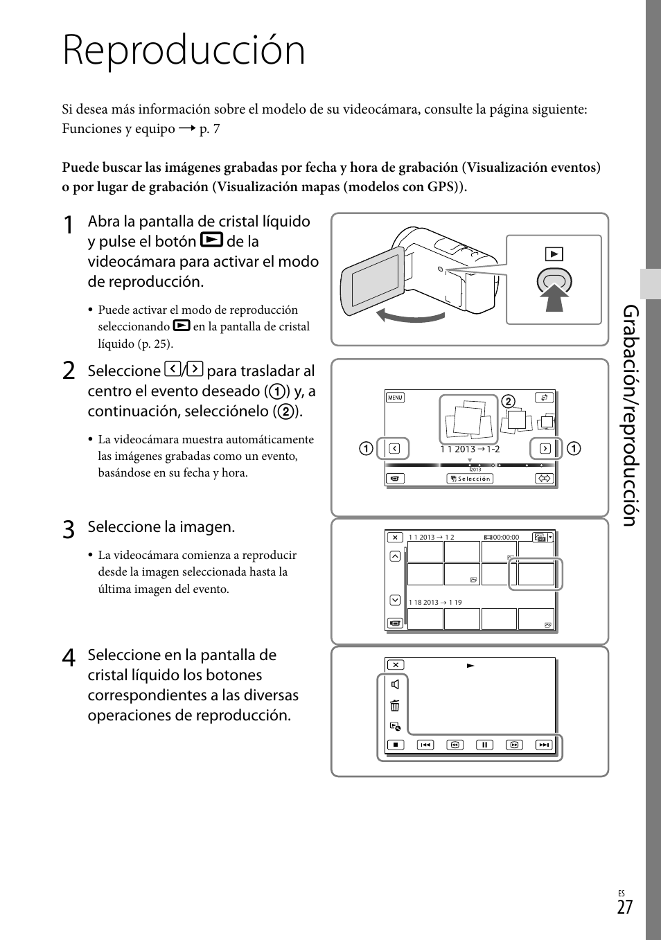 Reproducción, Es (27), Gr abación/r epr oduc ción | Sony HDR-CX430V Manual del usuario | Página 27 / 76