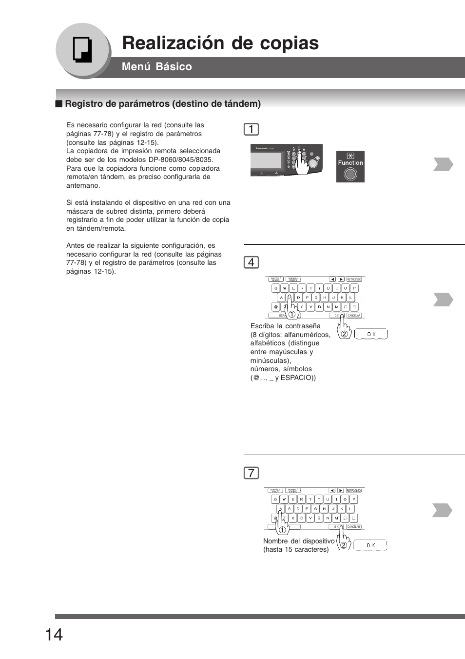 Registro de parámetros (destino de tándem), Realización de copias | Panasonic DP8035 Manual del usuario | Página 14 / 92