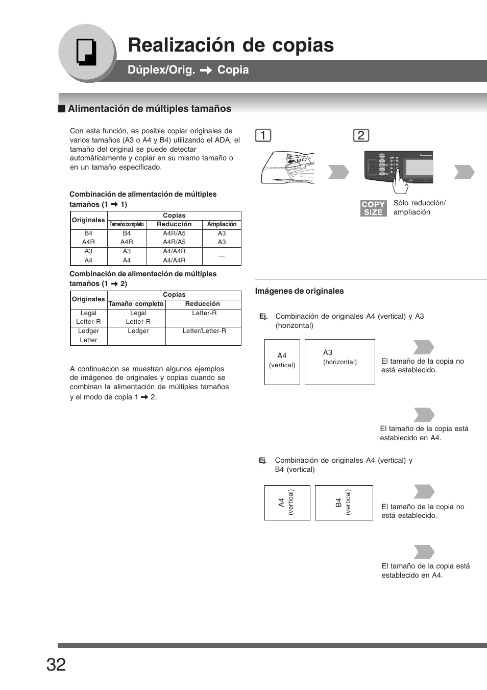 Alimentación de múltiples tamaños, Realización de copias, Dúplex/orig. copia | Panasonic DP8035 Manual del usuario | Página 32 / 92