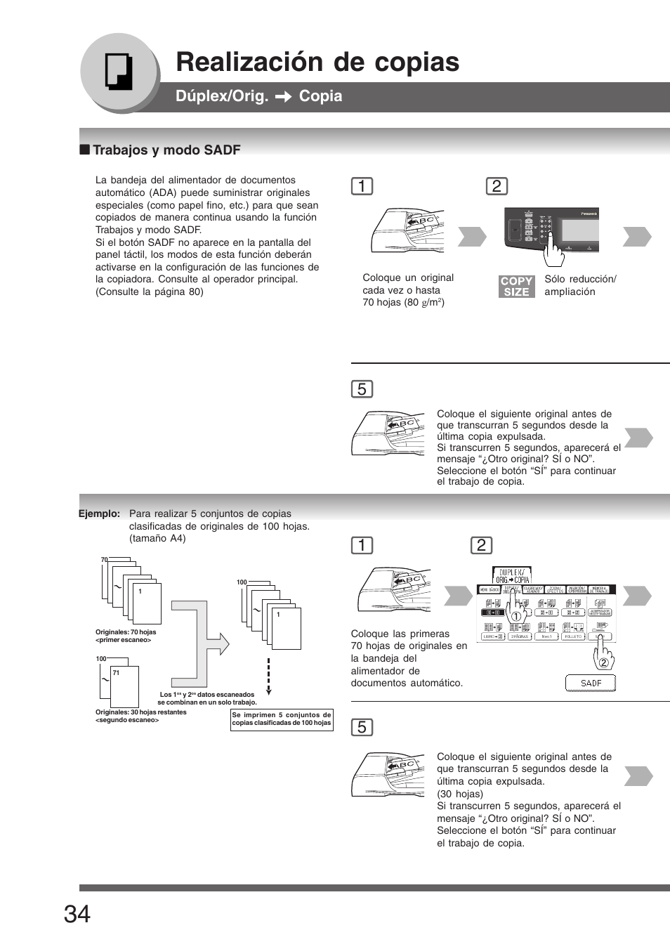 Trabajos y modo sadf, Realización de copias, Dúplex/orig. copia | Panasonic DP8035 Manual del usuario | Página 34 / 92