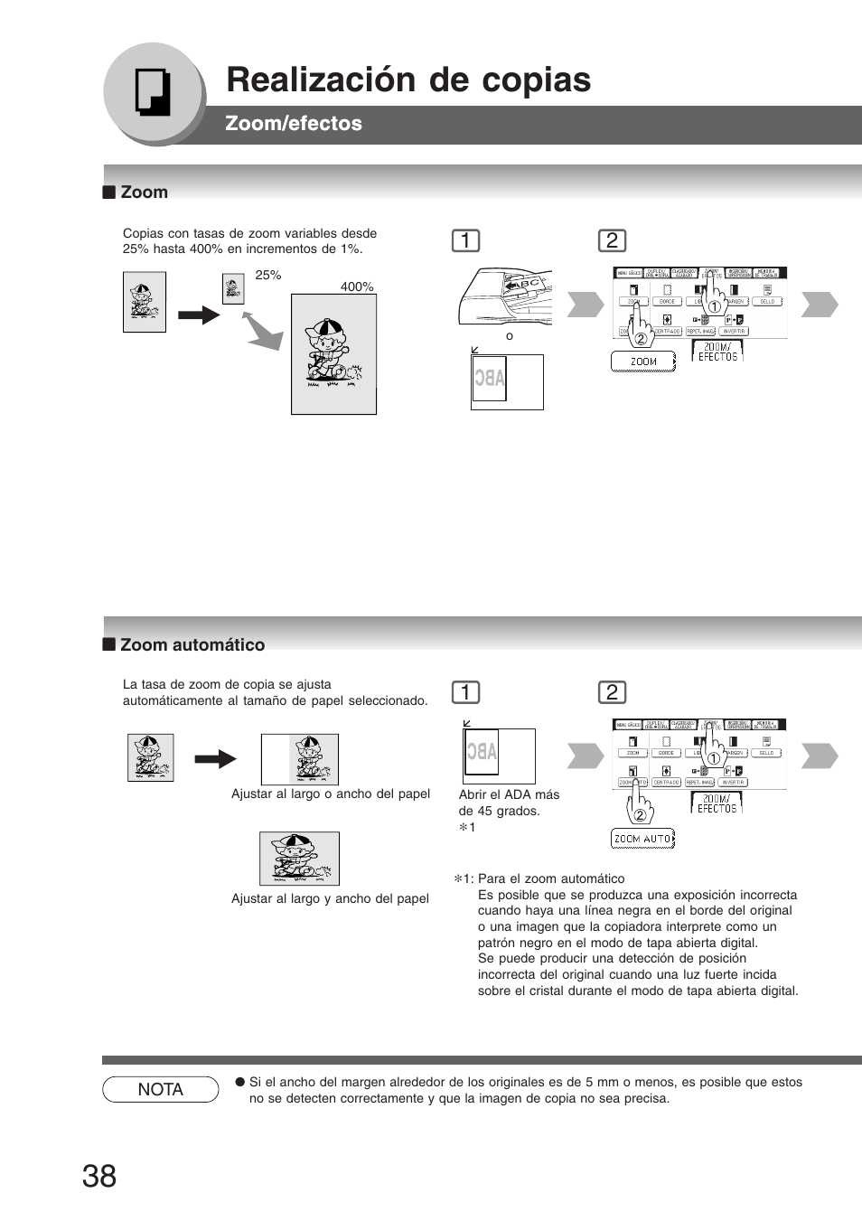 Zoom/efectos, Zoom, Zoom automático | Zoom ■ zoom automático, Realización de copias | Panasonic DP8035 Manual del usuario | Página 38 / 92