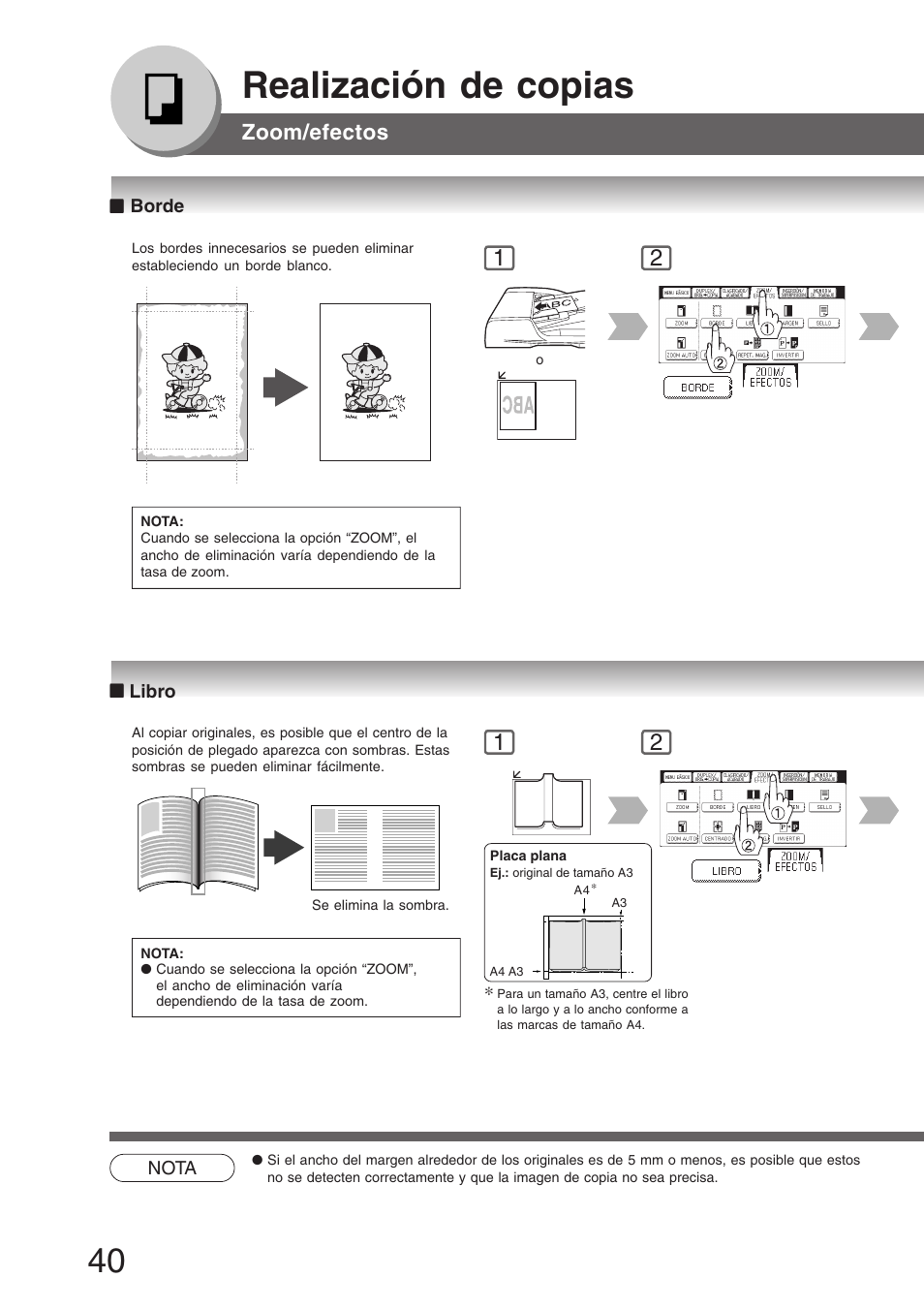 Borde, Libro, Borde ■ libro | Realización de copias, Zoom/efectos | Panasonic DP8035 Manual del usuario | Página 40 / 92