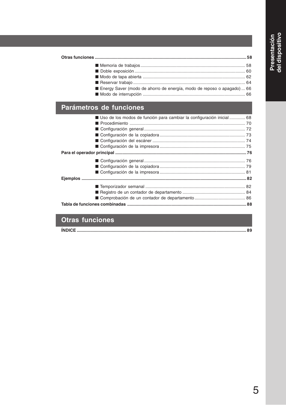 Parámetros de funciones, Otras funciones | Panasonic DP8035 Manual del usuario | Página 5 / 92