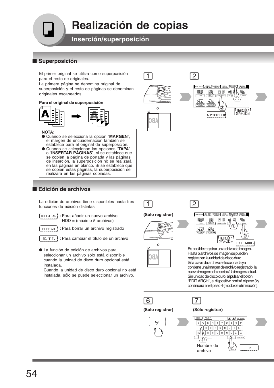 Superposición, Edición de archivos, Superposición ■ edición de archivos | Realización de copias, Inserción/superposición | Panasonic DP8035 Manual del usuario | Página 54 / 92