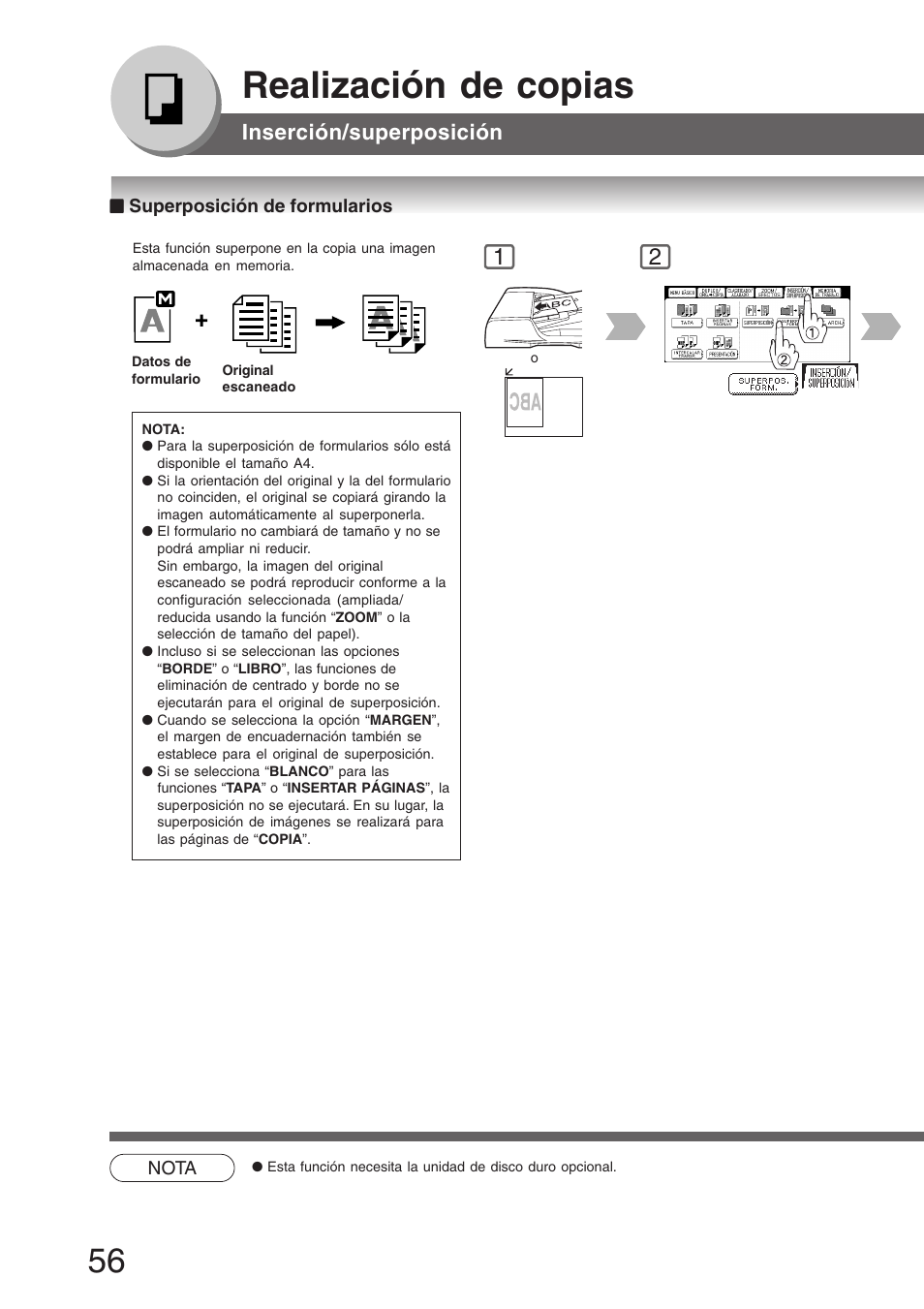 Superposición de formularios, Realización de copias, Inserción/superposición | Panasonic DP8035 Manual del usuario | Página 56 / 92
