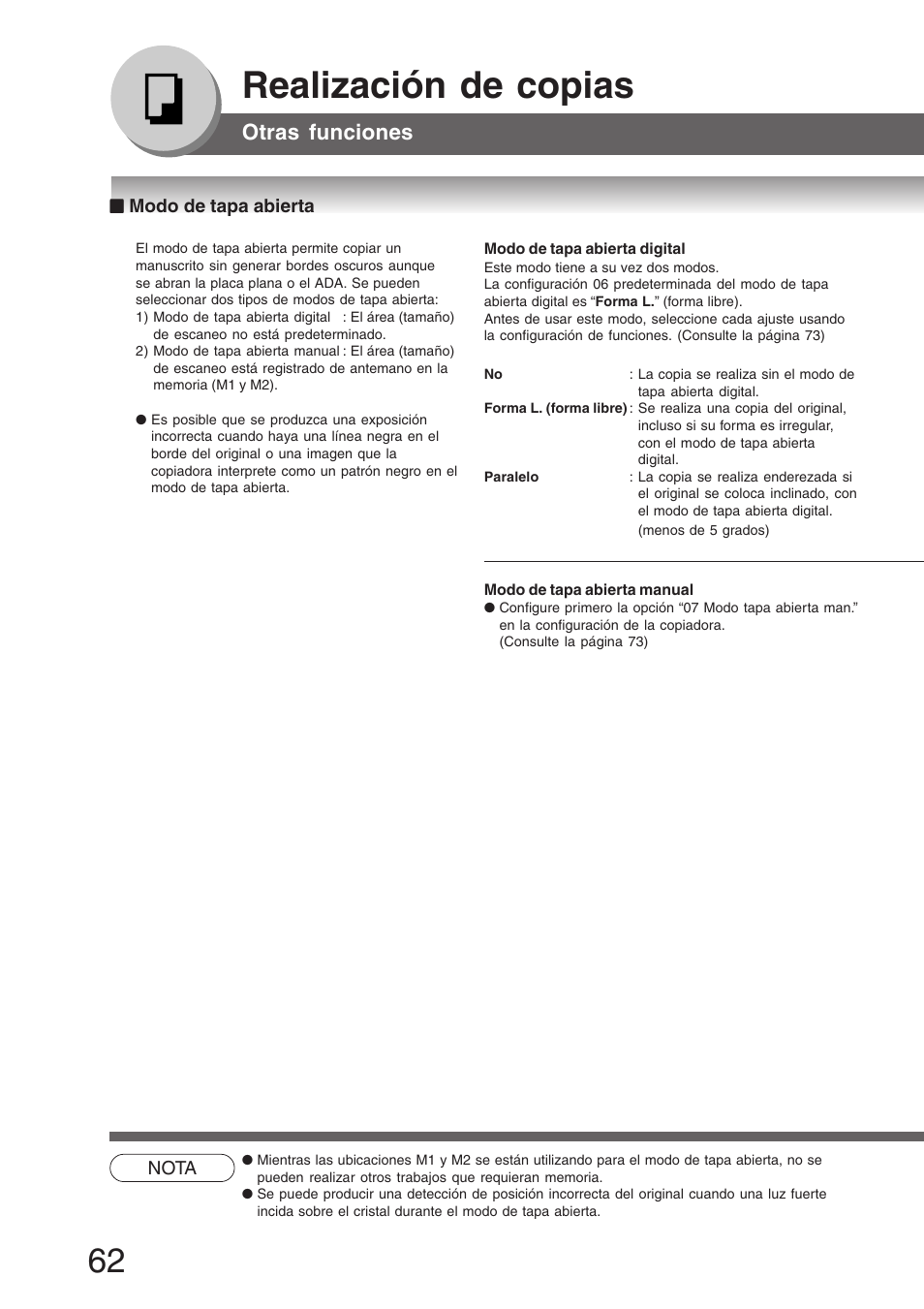 Modo de tapa abierta, Realización de copias, Otras funciones | Panasonic DP8035 Manual del usuario | Página 62 / 92