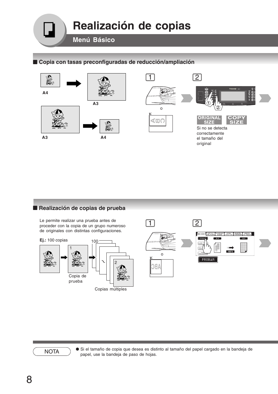 Realización de copias de prueba, Realización de copias, Menú básico | Panasonic DP8035 Manual del usuario | Página 8 / 92