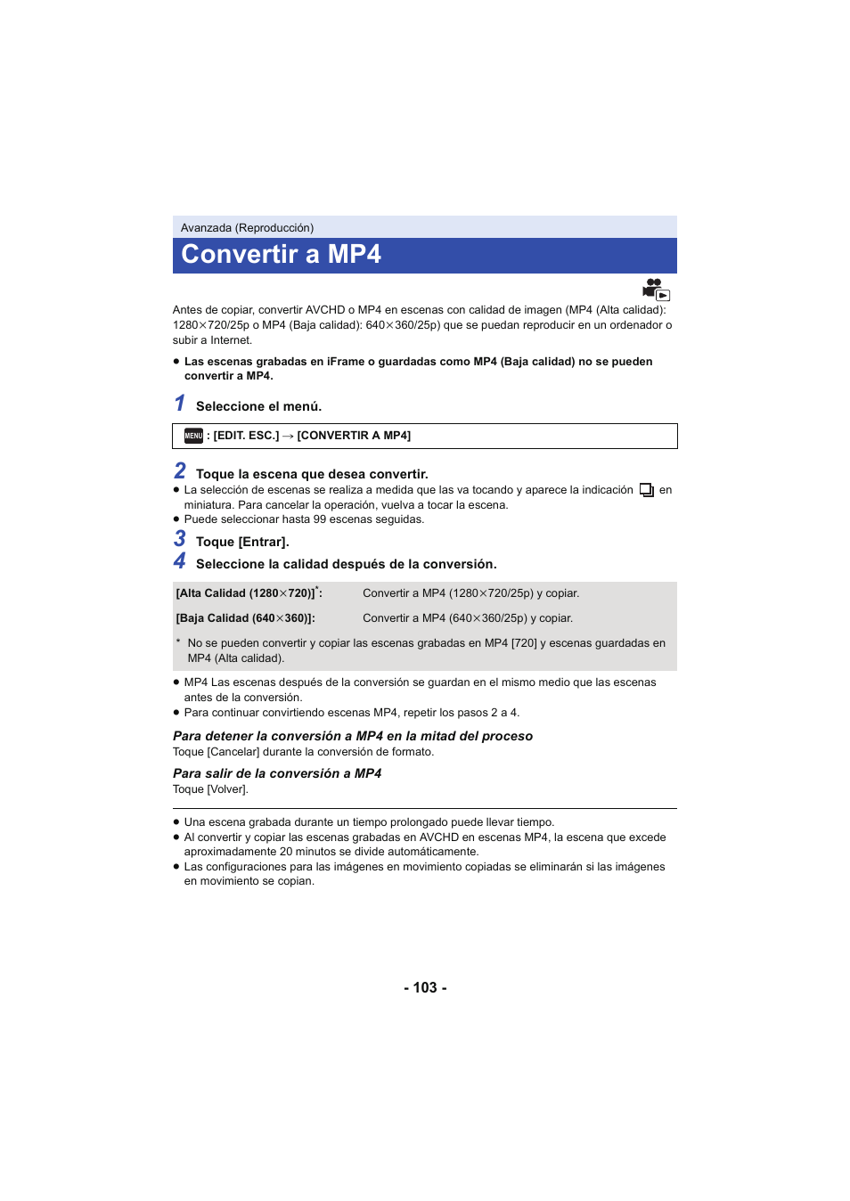 Convertir a mp4 | Panasonic HCV250EC Manual del usuario | Página 103 / 214