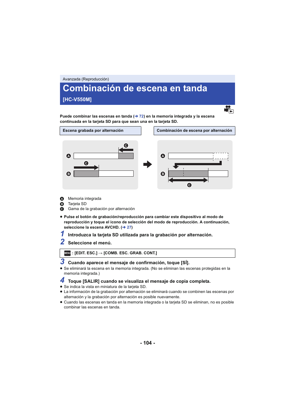 Combinación de escena en tanda [hc-v550m, Combinación de escena en tanda | Panasonic HCV250EC Manual del usuario | Página 104 / 214