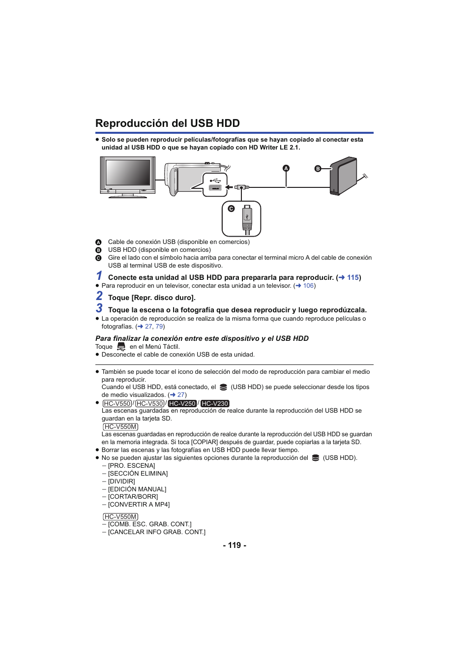 Reproducción del usb hdd | Panasonic HCV250EC Manual del usuario | Página 119 / 214