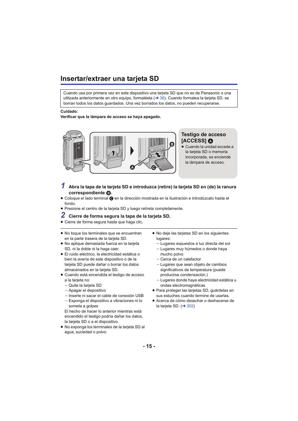 Insertar/extraer una tarjeta sd, Testigo de acceso [access] a | Panasonic HCV250EC Manual del usuario | Página 15 / 214