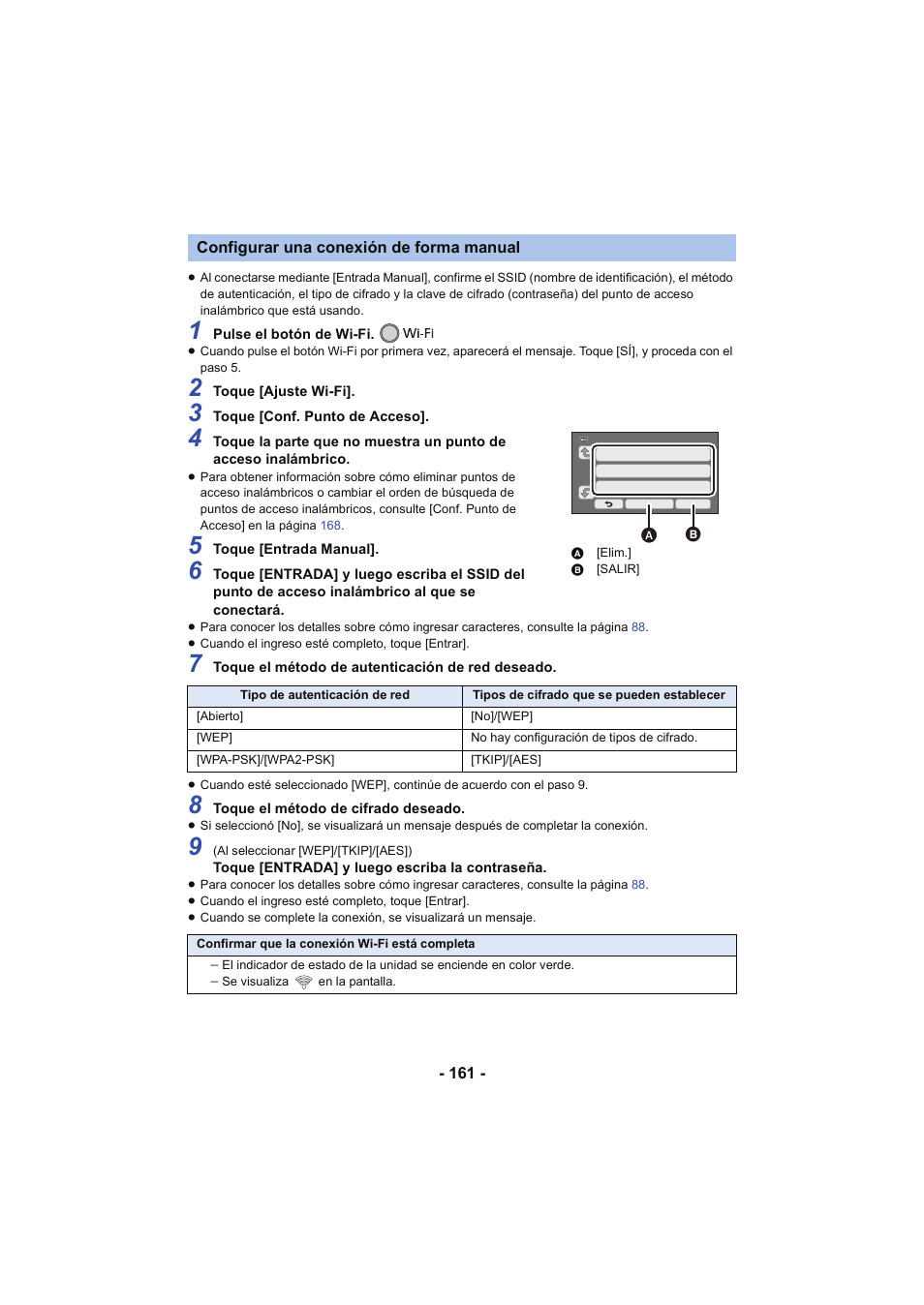 Configurar una conexión de forma manual | Panasonic HCV250EC Manual del usuario | Página 161 / 214