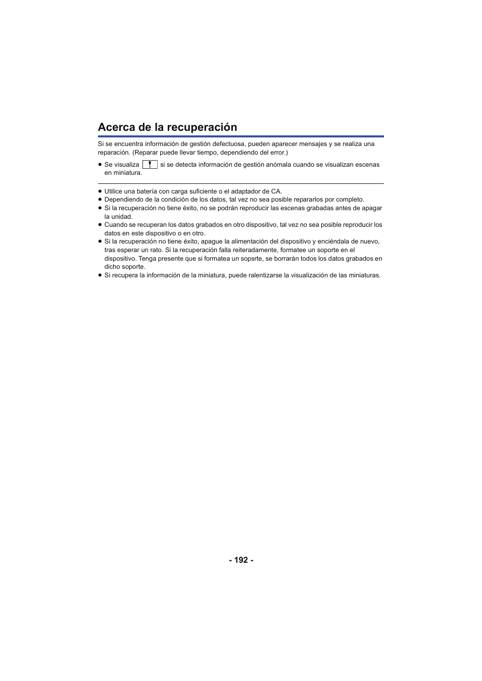Acerca de la recuperación | Panasonic HCV250EC Manual del usuario | Página 192 / 214