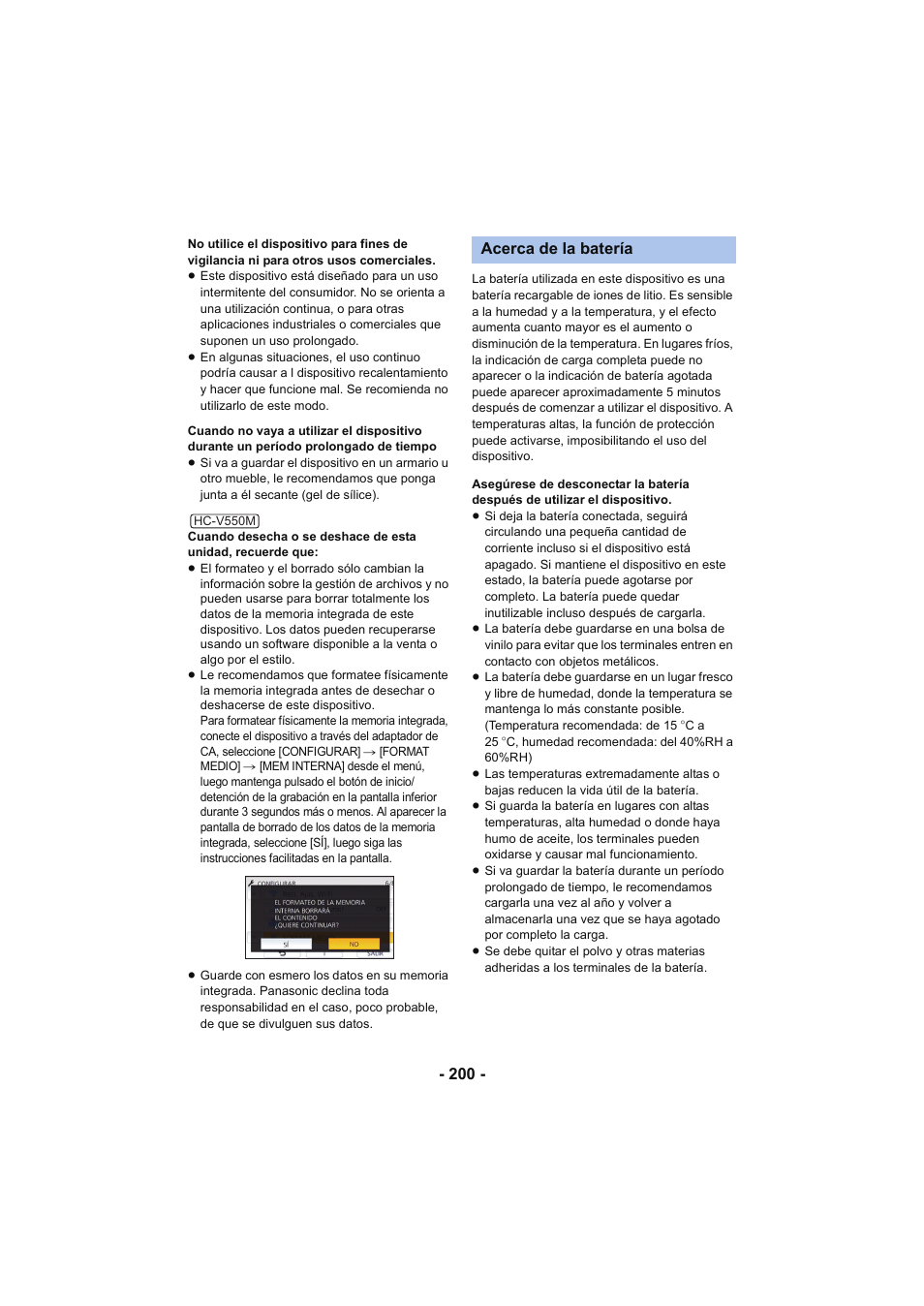 Acerca de la batería | Panasonic HCV250EC Manual del usuario | Página 200 / 214