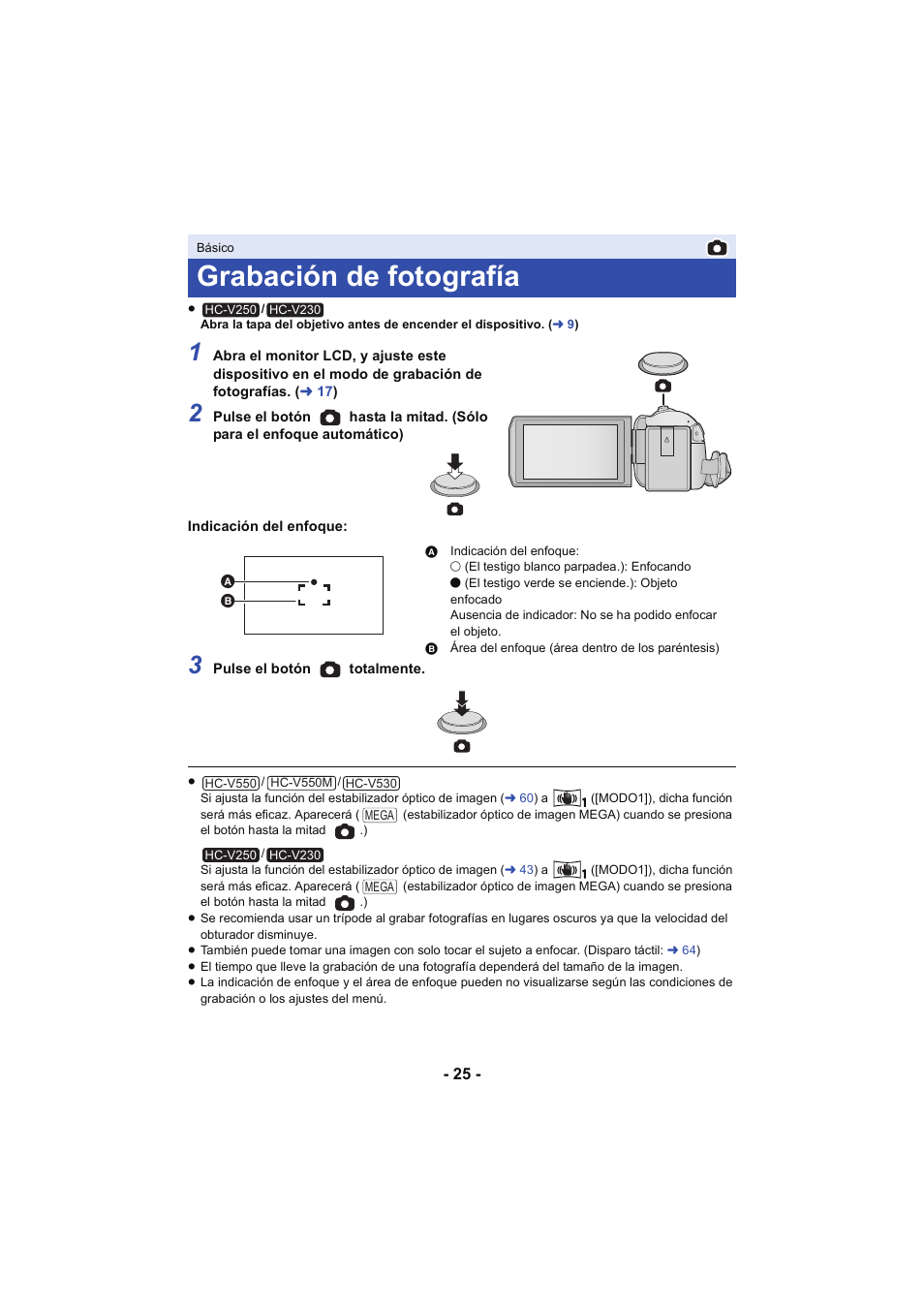 Grabación de fotografía | Panasonic HCV250EC Manual del usuario | Página 25 / 214