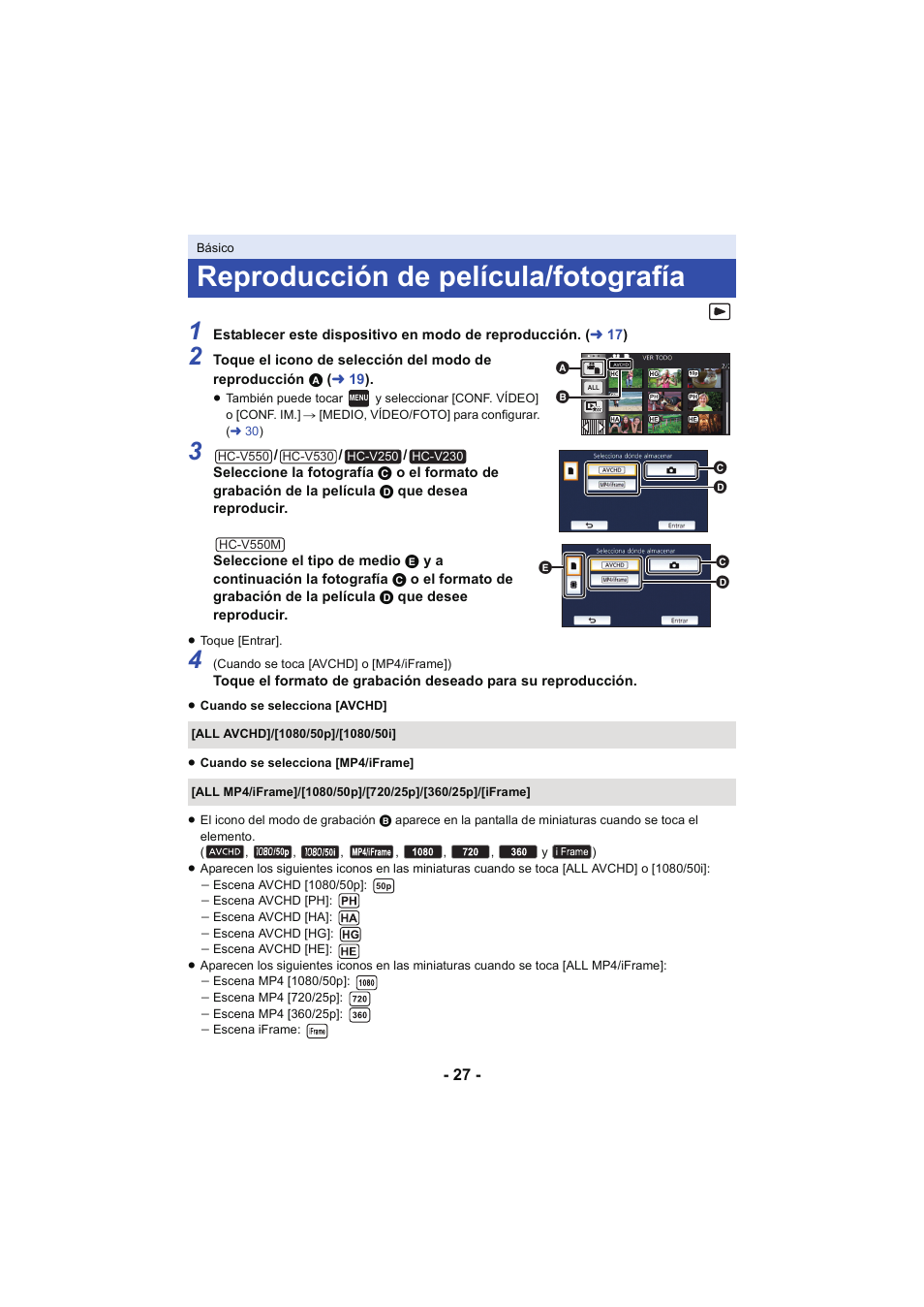 Reproducción de película/fotografía | Panasonic HCV250EC Manual del usuario | Página 27 / 214