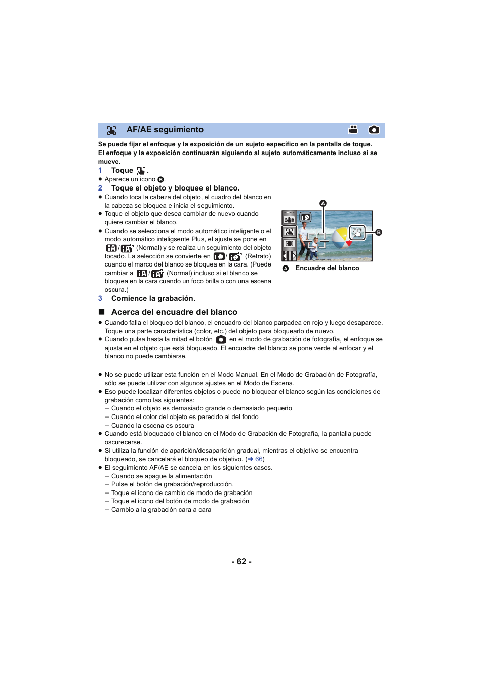 Af/ae seguimiento), Af/ae seguimiento, Acerca del encuadre del blanco | Panasonic HCV250EC Manual del usuario | Página 62 / 214