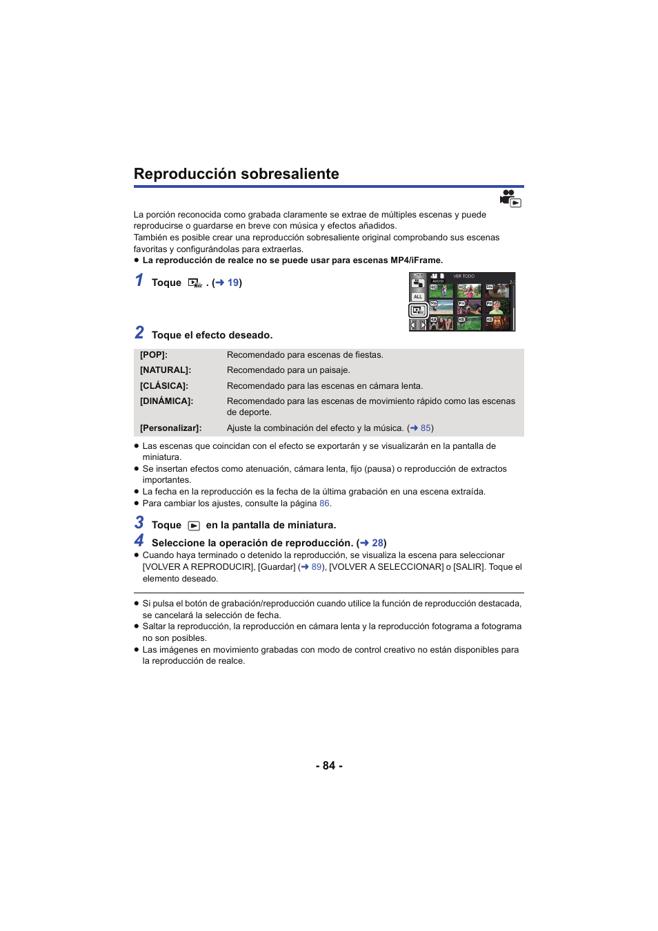 Reproducción sobresaliente | Panasonic HCV250EC Manual del usuario | Página 84 / 214