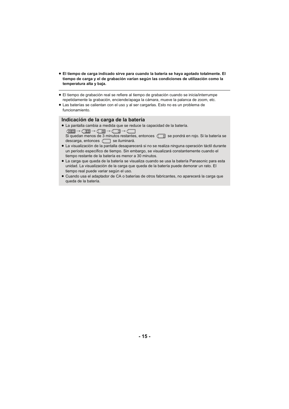 Indicación de la carga de la batería | Panasonic HCV750MEG Manual del usuario | Página 15 / 229