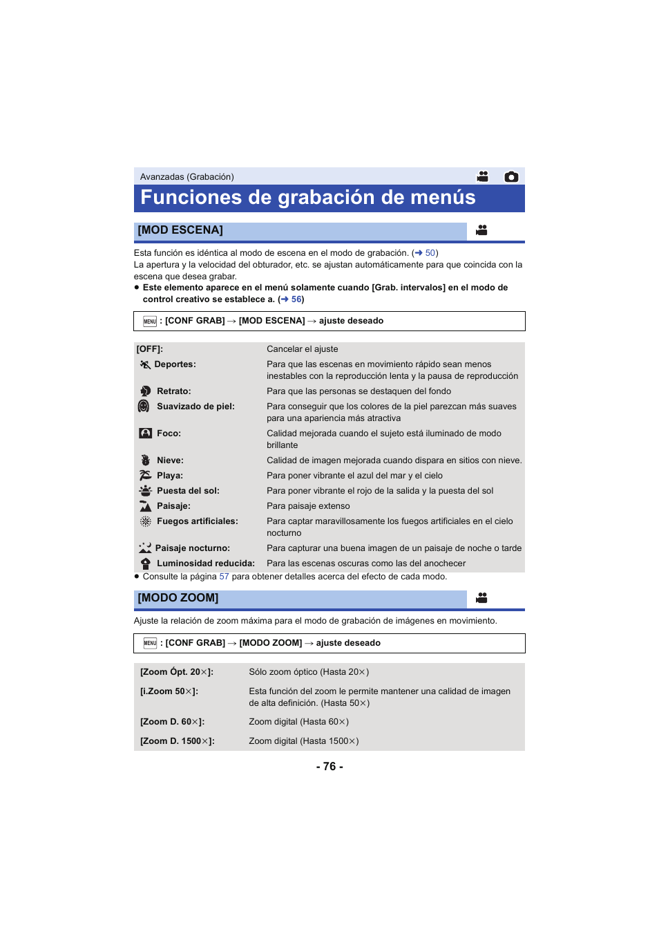 Funciones de grabación de menús, L 76, Mod escena | Modo zoom | Panasonic HCV750MEG Manual del usuario | Página 76 / 229