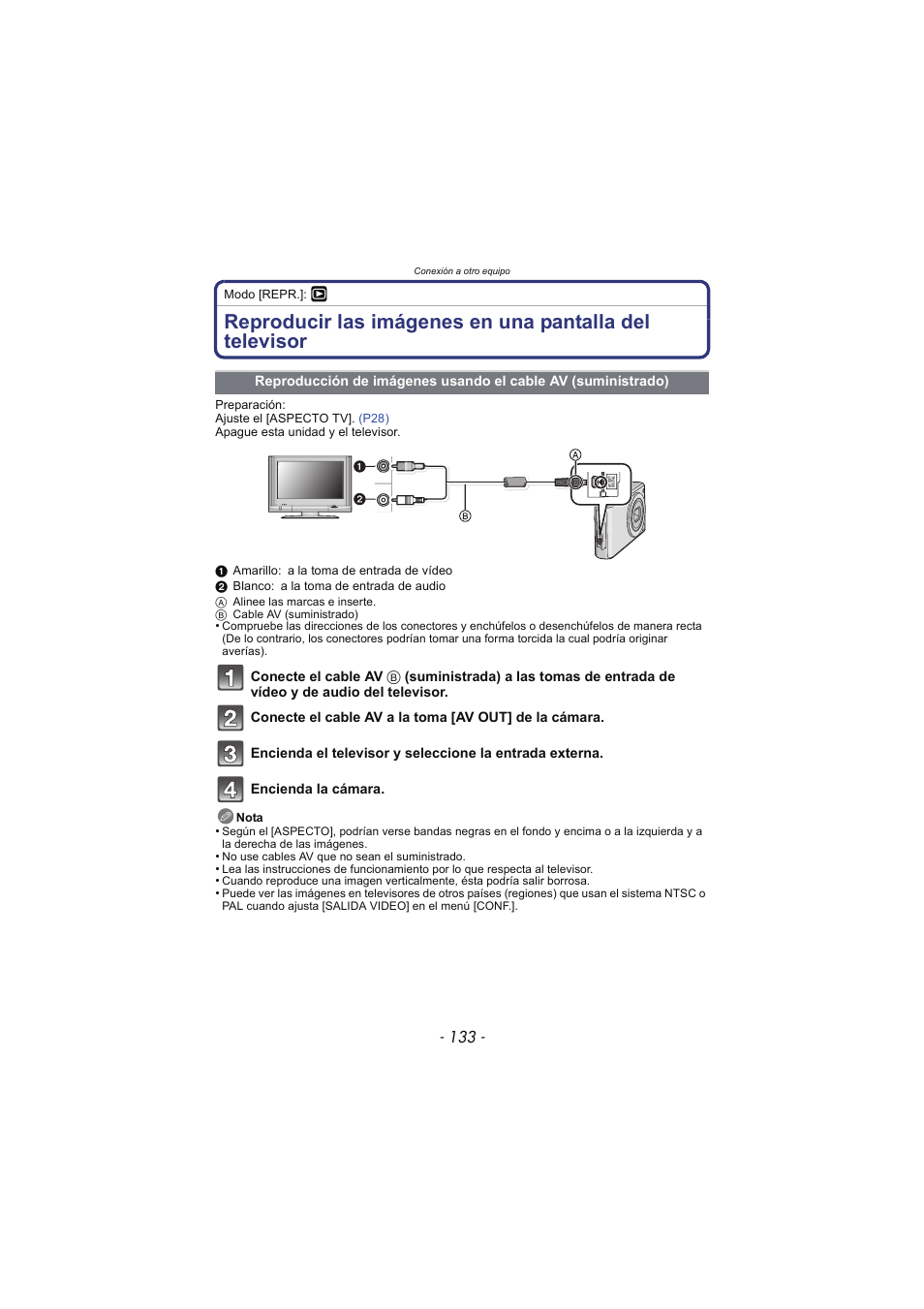 Reproducción de imágenes usando, El cable av (suministrado) | Panasonic DMCFX48 Manual del usuario | Página 133 / 160