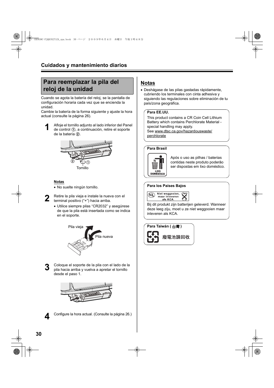 Para reemplazar la pila del reloj de la unidad | Panasonic UB5838C Manual del usuario | Página 30 / 56
