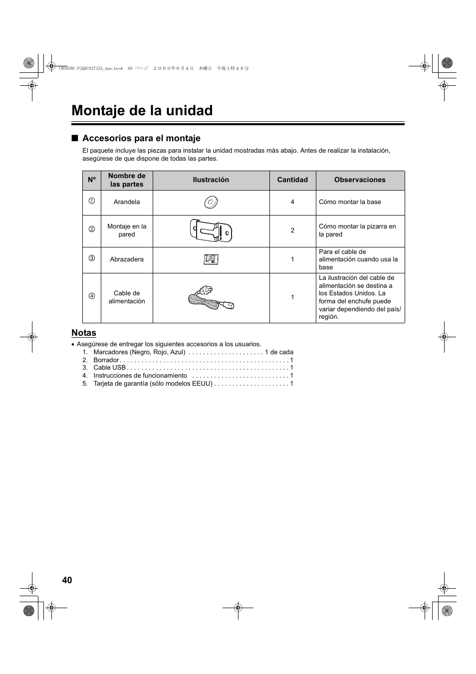 Montaje de la unidad, Accesorios para el montaje, Notas | Panasonic UB5838C Manual del usuario | Página 40 / 56