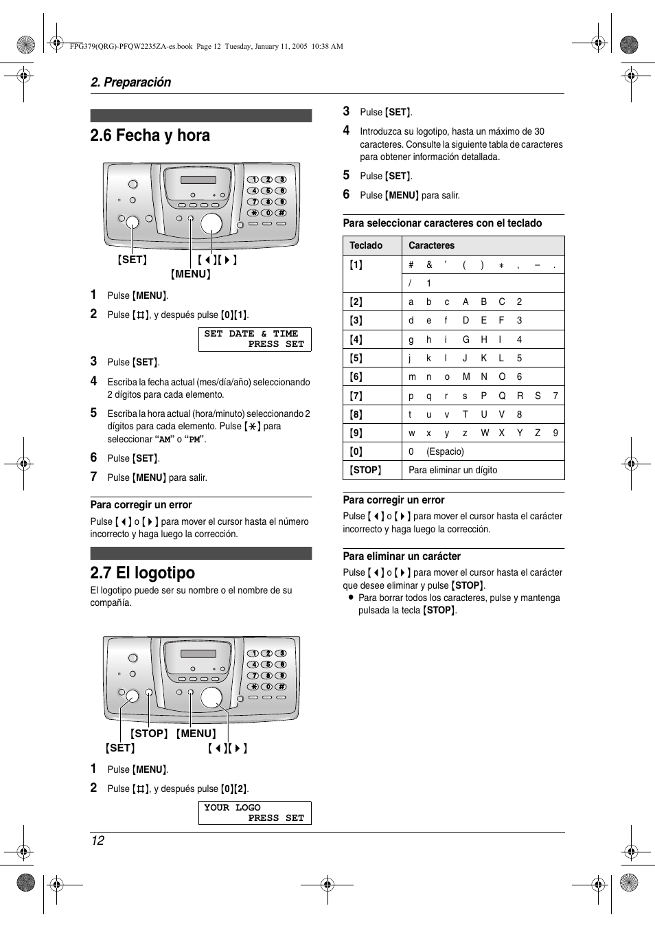 Programación inicial, 6 fecha y hora, 7 el logotipo | Fecha y hora, El logotipo, 6 fecha y hora, 7 el logotipo, Preparación 12 | Panasonic KXFPG378 Manual del usuario | Página 12 / 28