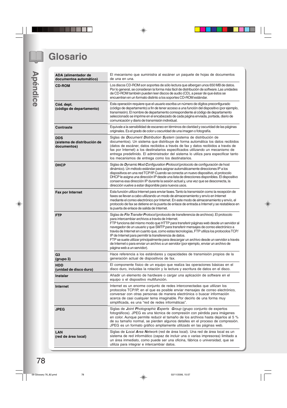 Glosario, Glosario –80, Apéndice 78 | Panasonic DP8045 Manual del usuario | Página 78 / 84