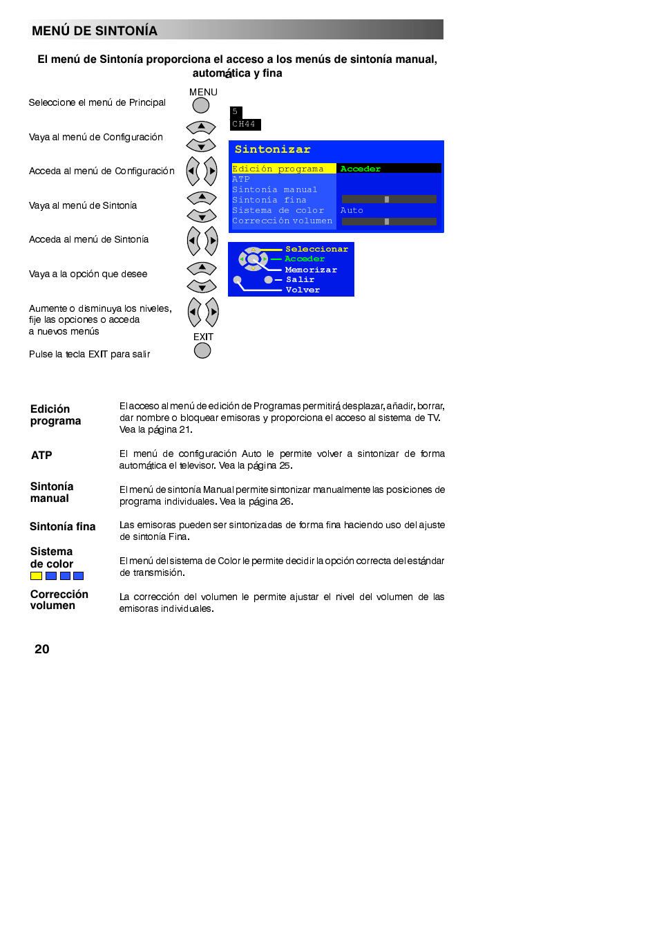 Automática y fina, Menu de sintonia | Panasonic TX23LX50F Manual del usuario | Página 20 / 44