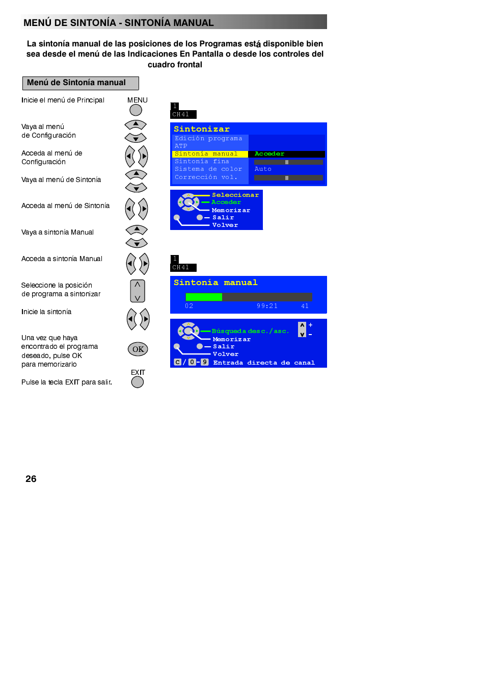 Cuadro frontal, Menú de sintonía manual, Sintonía manual | Menu de sintonia - sintonia manual | Panasonic TX23LX50F Manual del usuario | Página 26 / 44