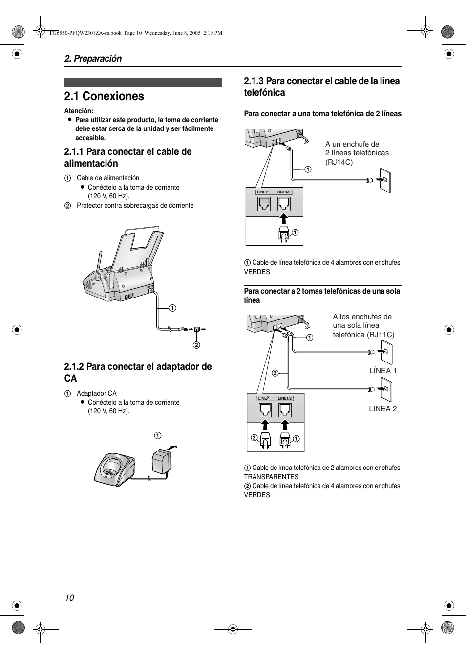 Preparación, Conexiones y configuración, 1 conexiones | Conexiones, 1 conexiones, Preparación 10 | Panasonic KXFG6550 Manual del usuario | Página 10 / 32