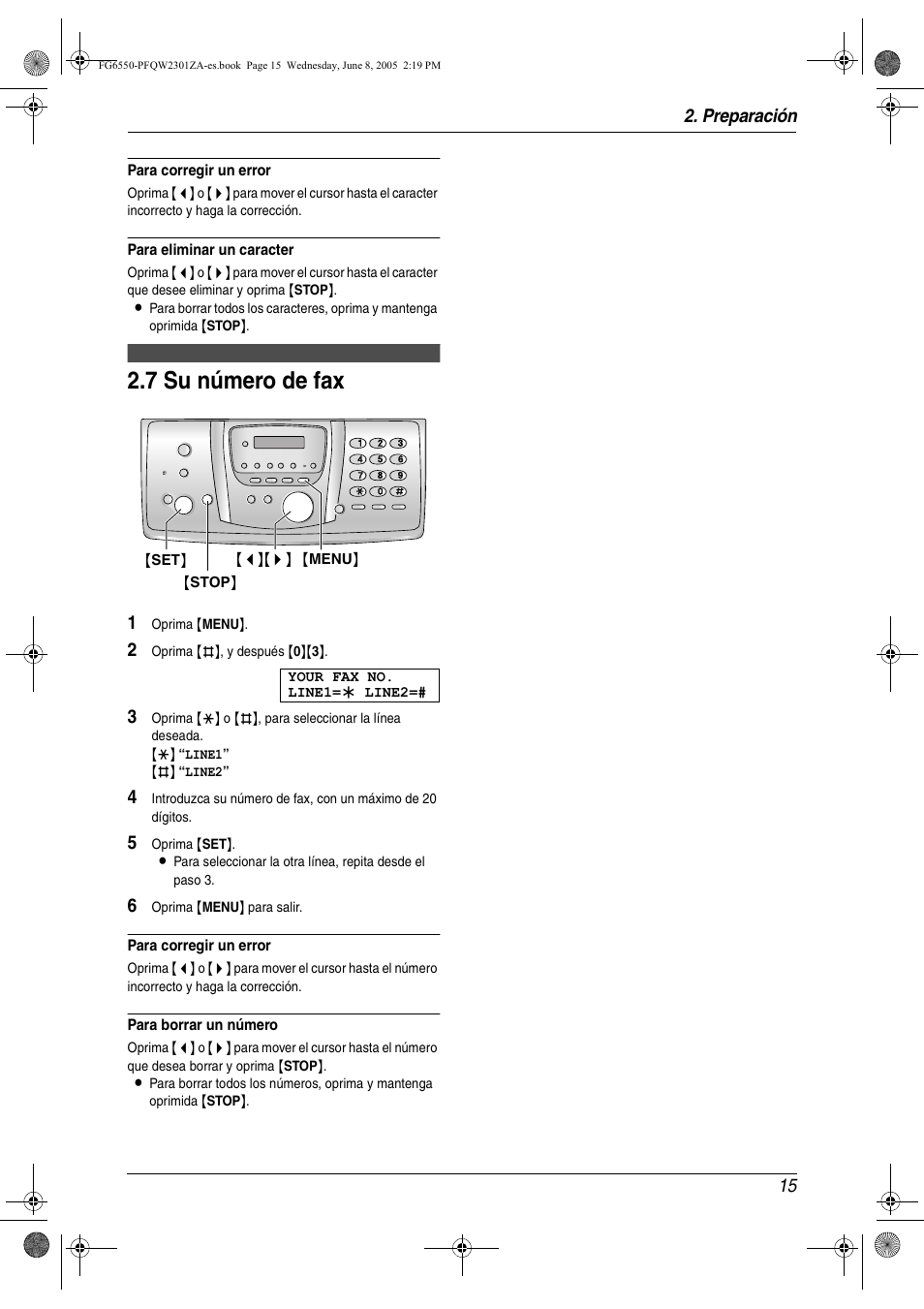 7 su número de fax, Su número de fax, 7 su número de fax | Preparación 15 | Panasonic KXFG6550 Manual del usuario | Página 15 / 32