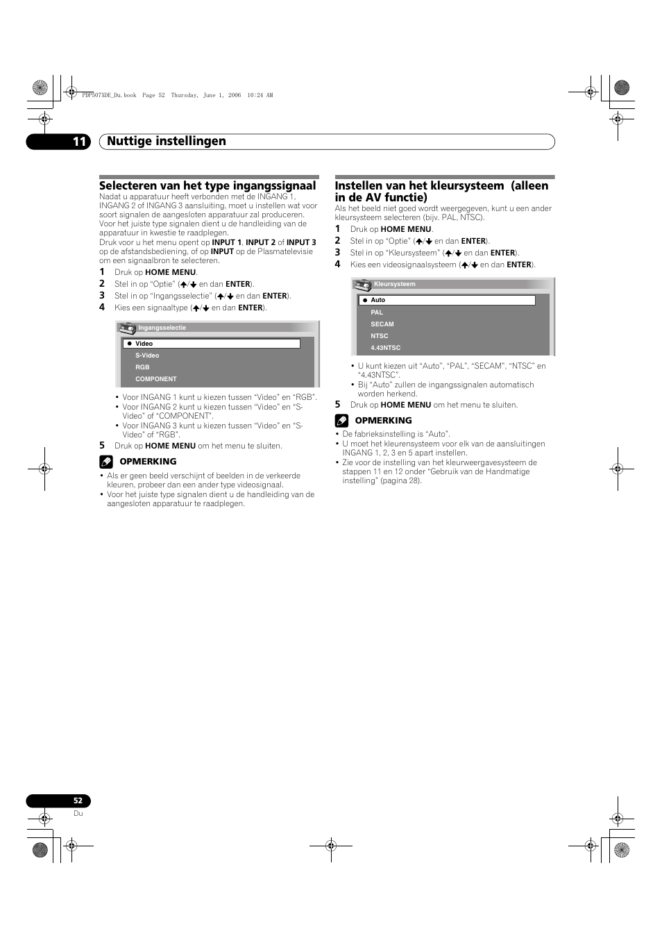 Nuttige instellingen 11, Selecteren van het type ingangssignaal | Pioneer PDP-507XD Manual del usuario | Página 124 / 218