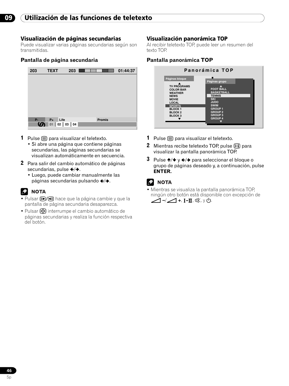 09 utilización de las funciones de teletexto, Visualización panorámica top, Visualización de páginas secundarias | Pioneer PDP 434HDE Manual del usuario | Página 274 / 324