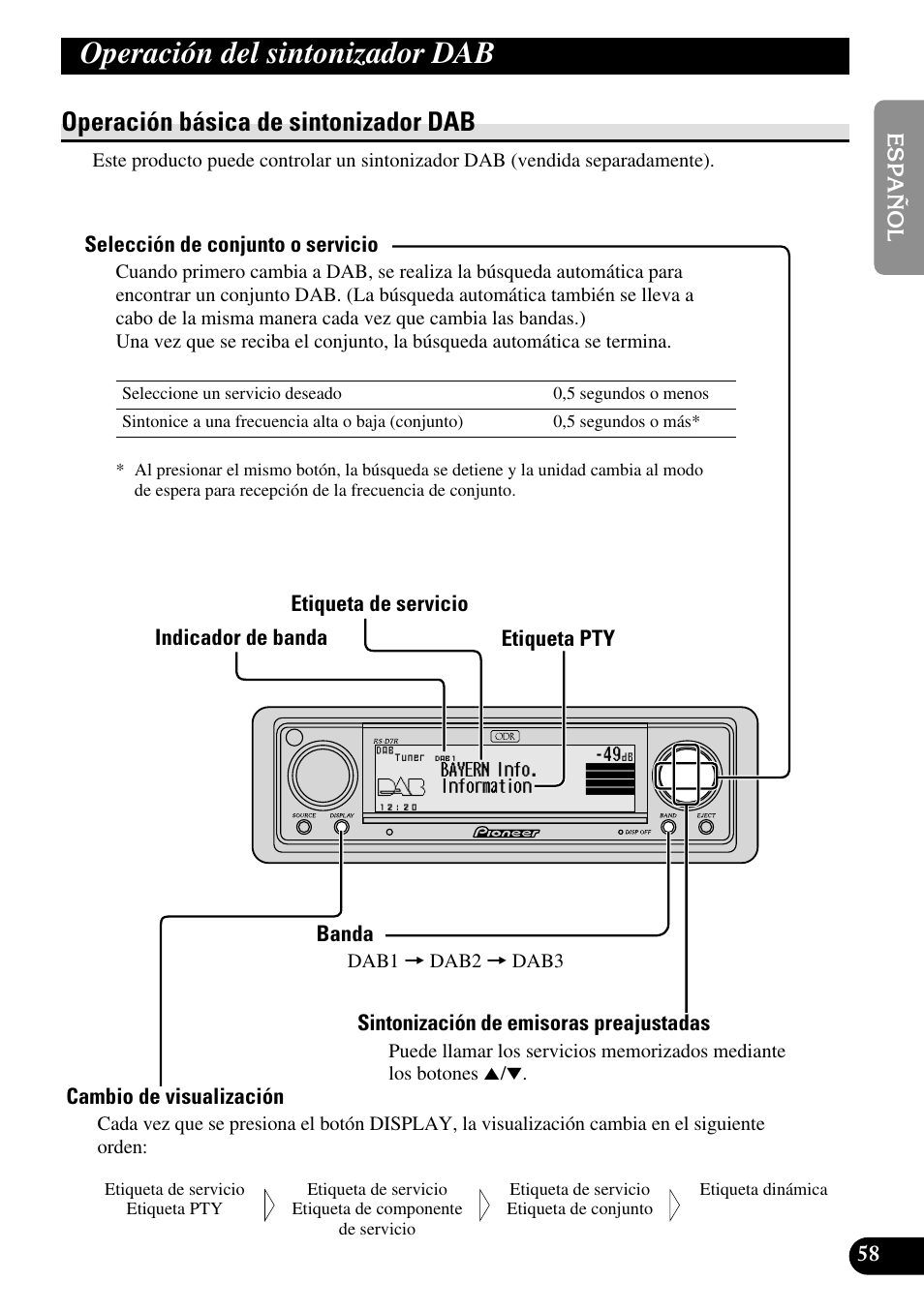 Operación del sintonizador dab, Operación básica de sintonizador dab | Pioneer RS-D7R Manual del usuario | Página 59 / 91