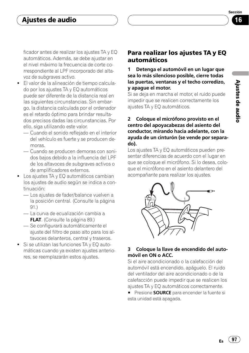 Ajustes de audio, Para realizar los ajustes ta y eq automáticos | Pioneer AVH-P7500DVD Manual del usuario | Página 97 / 132