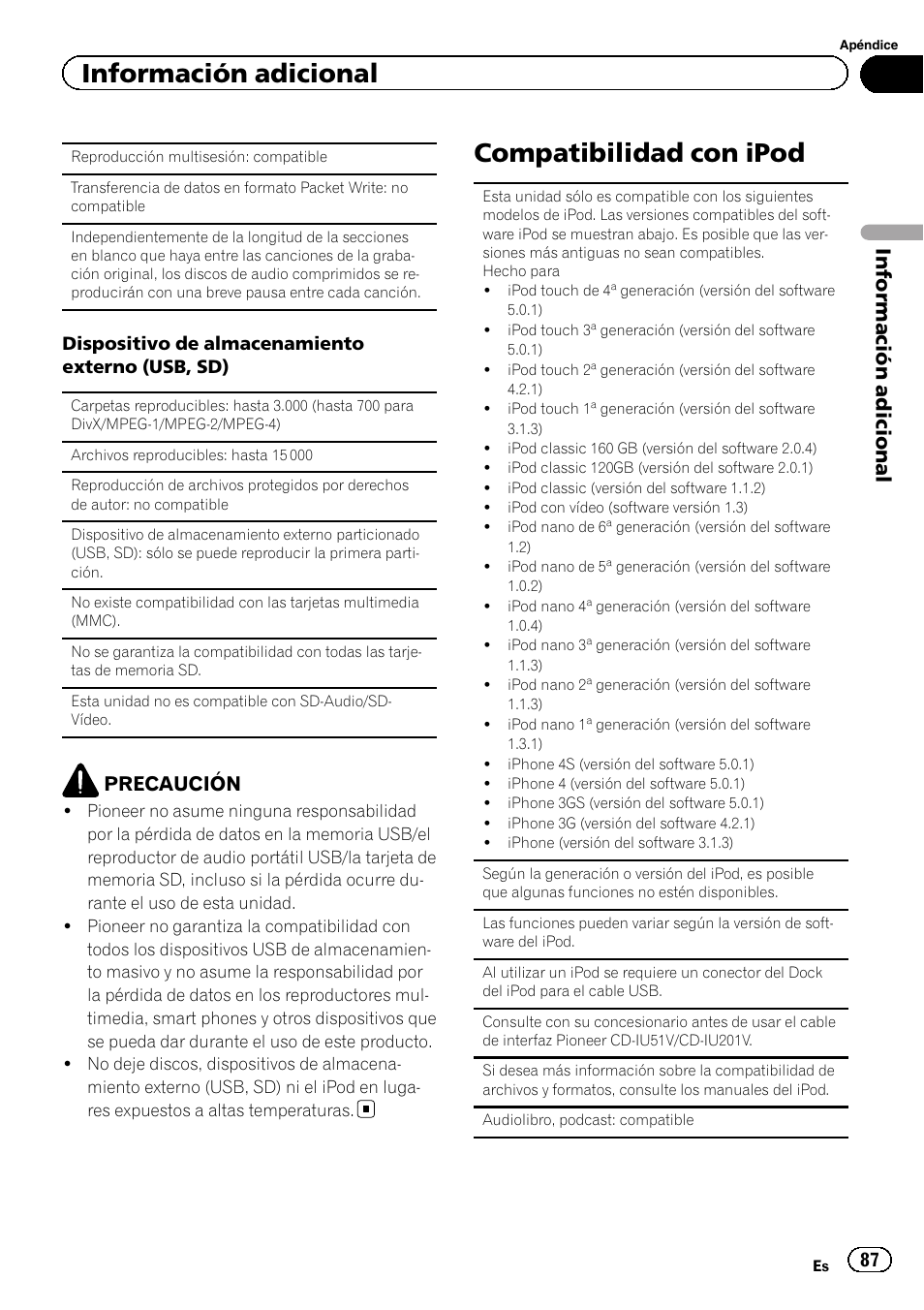 Compatibilidad con ipod, Información adicional, Precaución | Pioneer AVH-8400BT Manual del usuario | Página 87 / 100