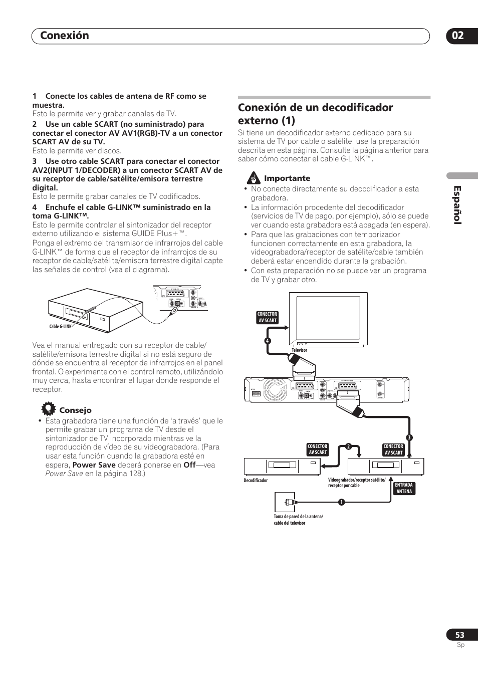 Conexión 02, Conexión de un decodificador externo (1), Español | Pioneer RCS-404H Manual del usuario | Página 53 / 152