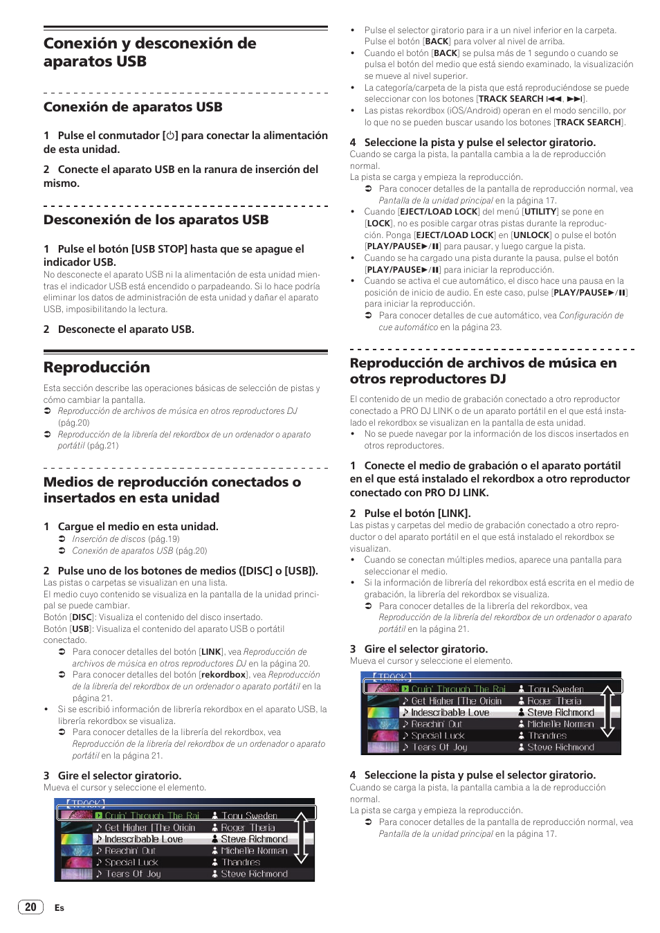 Conexión y desconexión de aparatos usb, Reproducción, Conexión de aparatos usb | Desconexión de los aparatos usb | Pioneer CDJ-900NXS Manual del usuario | Página 20 / 41